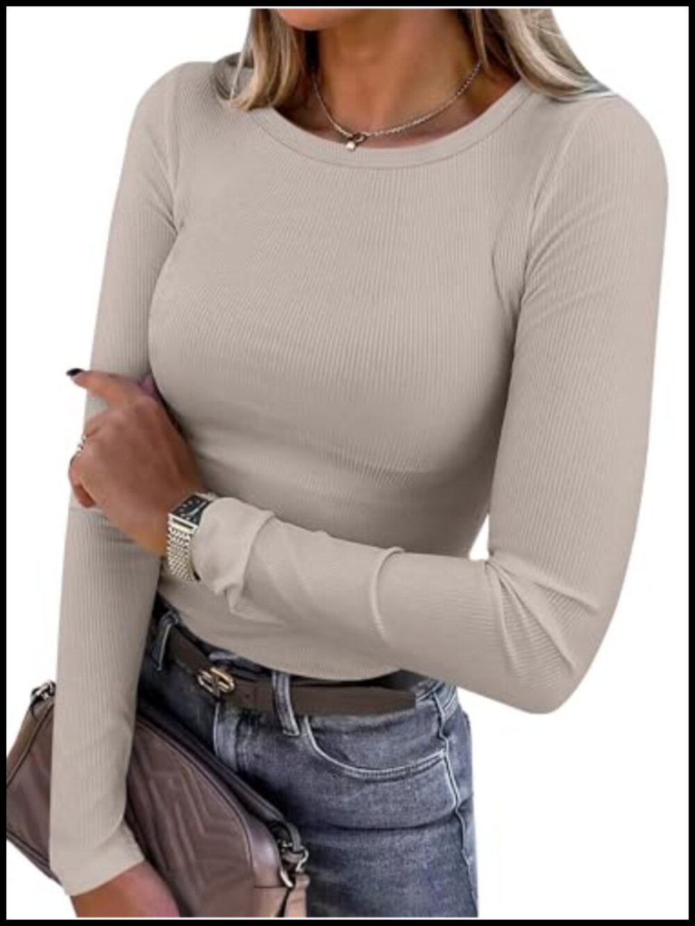 Women's Ribbed Slim Fit Long Sleeve Crew Neck T-Shirt